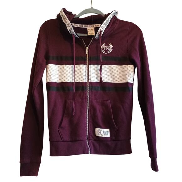 PINK Victoria's Secret Full Zip Hoodie XS Maroon White Black Stripe Mesh 2016 - Picture 1 of 12